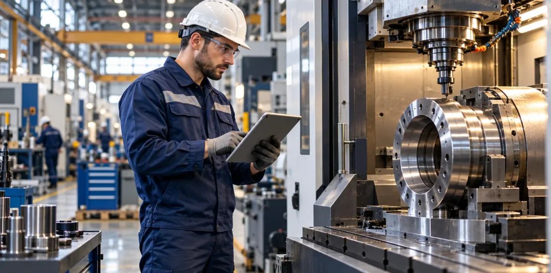 Lavoratore metalmeccanico consulta un tablet accanto a un macchinario in fabbrica