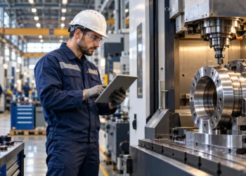 Lavoratore metalmeccanico consulta un tablet accanto a un macchinario in fabbrica