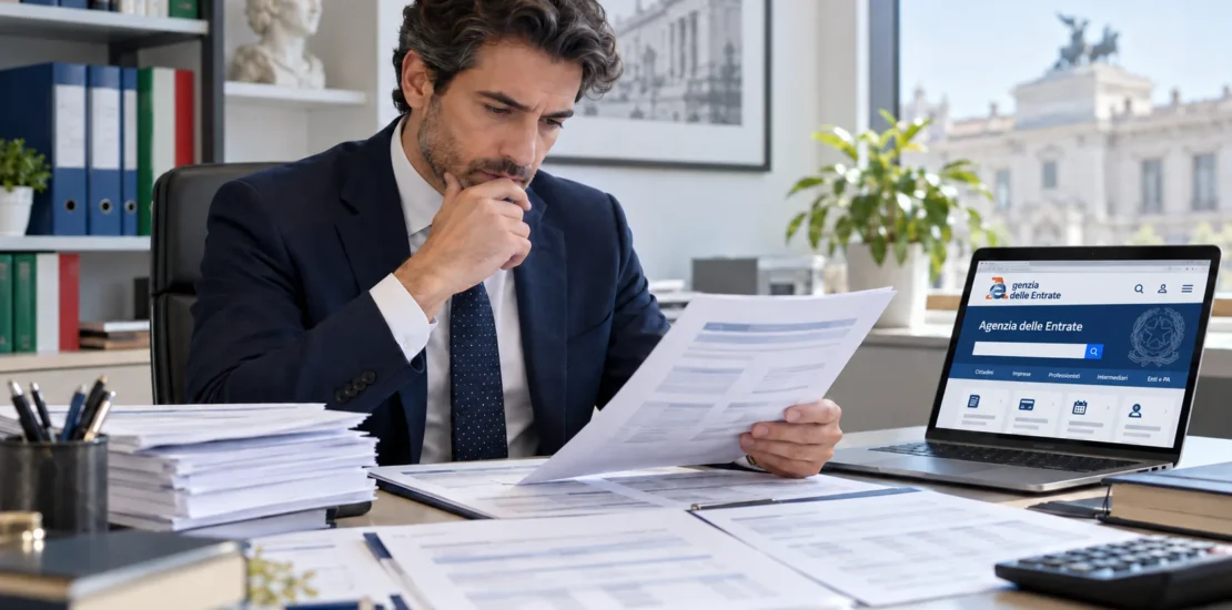 Consulente del lavoro consulta una circolare fiscale mentre sul laptop è aperto il sito dell’Agenzia delle Entrate