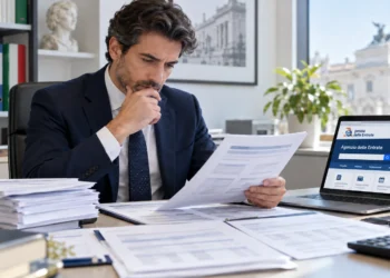 Consulente del lavoro consulta una circolare fiscale mentre sul laptop è aperto il sito dell’Agenzia delle Entrate