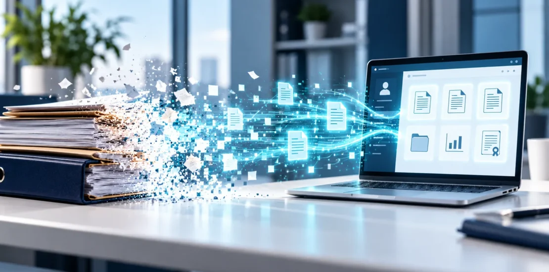 Documenti cartacei che si dissolvono in pixel e diventano file digitali sullo schermo di un computer
