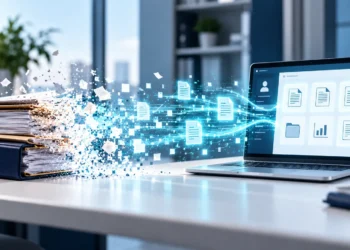 Documenti cartacei che si dissolvono in pixel e diventano file digitali sullo schermo di un computer