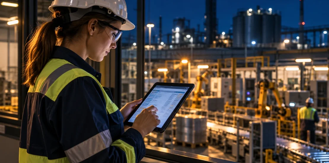 Lavoratrice in turno notturno consulta un tablet in un ambiente industriale