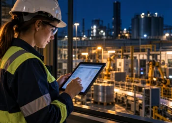 Lavoratrice in turno notturno consulta un tablet in un ambiente industriale