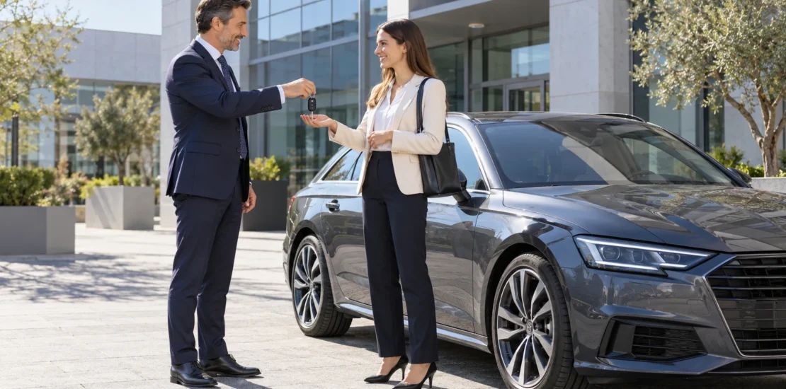 Un datore di lavoro consegna le chiavi dell’auto aziendale a una dipendente