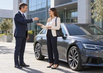 Un datore di lavoro consegna le chiavi dell’auto aziendale a una dipendente