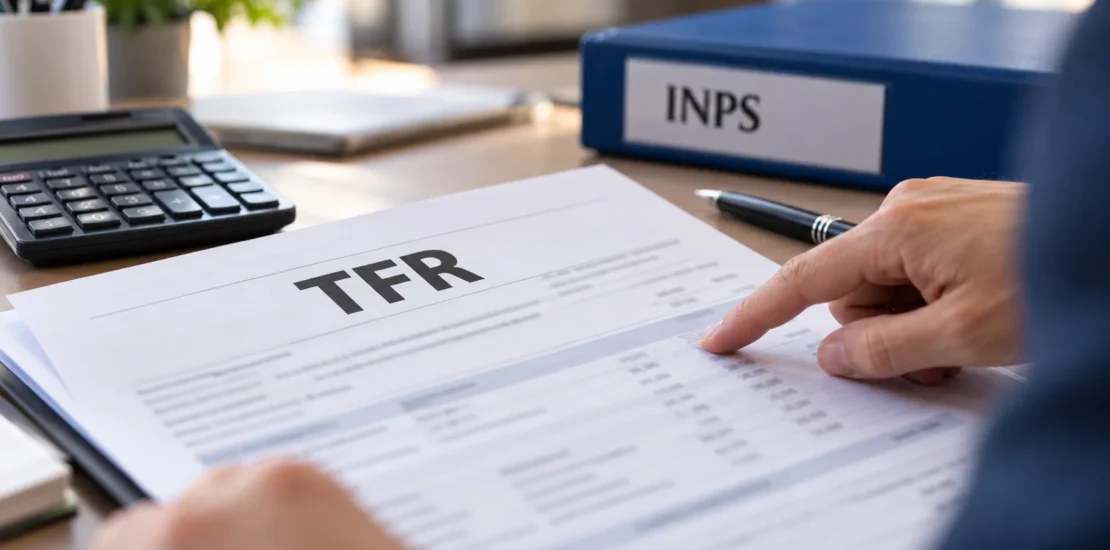 Prospetto del TFR esaminato con calcolatrice e documenti INPS.