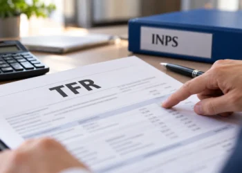Prospetto del TFR esaminato con calcolatrice e documenti INPS.