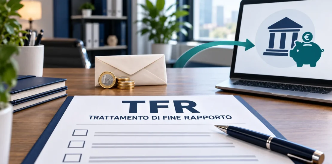Modulo TFR con indicazione “Trattamento di fine rapporto” e simboli della somma accantonata e della previdenza complementare