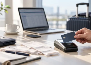 Pagamento con carta di una spesa di trasferta, con ricevute e valigia sullo sfondo
